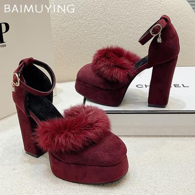 Меховая платформа Женские туфли Мэри Джейн Замшевые Лодочки на очень высоком каблуке Сексуальные 2025 Тренд Мода Платье Вечеринка Зима Zapatillas Mujer