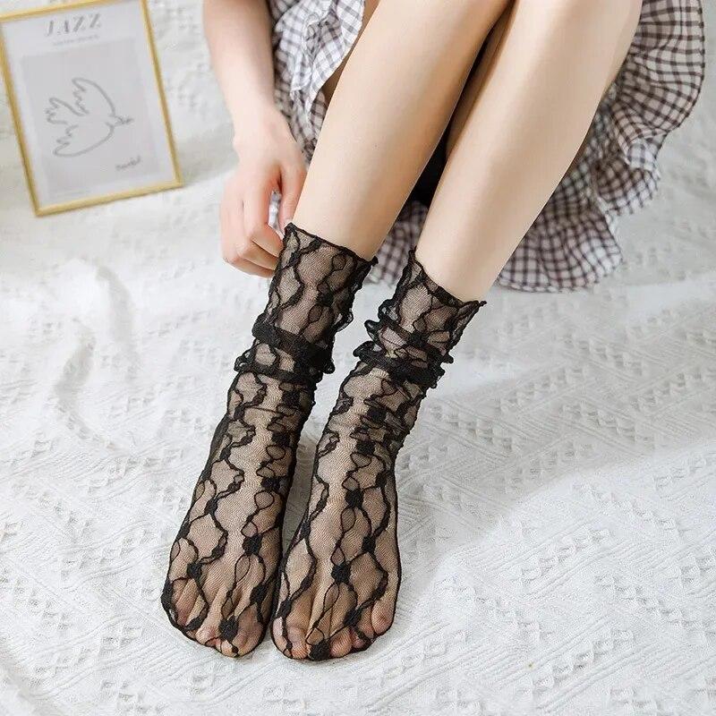 Кружевные носки, женские летние ультратонкие прозрачные сетчатые свободные длинные носки в сетку JK Lolita, милые кавайные милые носки принцессы для девочек