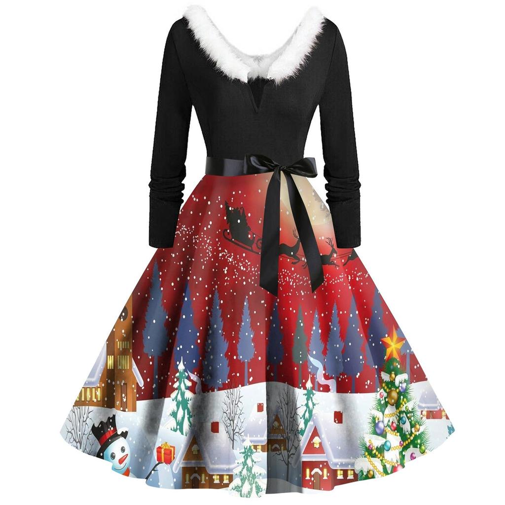 Женское винтажное платье с длинным рукавом и рождественским принтом в стиле 1950-х годов для вечеринки, выпускного вечера, для домохозяйки