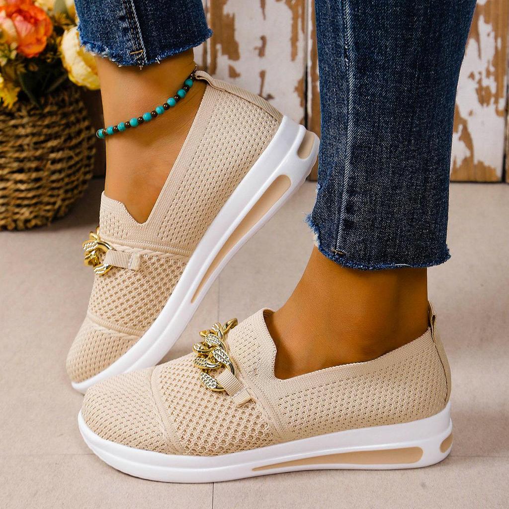 Fashion Women Pink Casual Shoes Breathable Mesh Shoes Woman Lightweight Chain Shallow Ladies Wedge Heels Shoes Spring Autumn Loafers