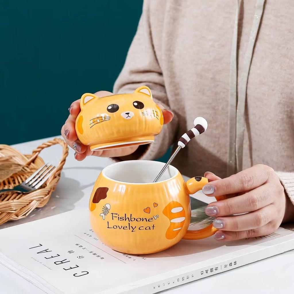 Cute 3D Cat Ceramic Mug with Lid Couple Coffee Milk Tea Water Cup Large Capacity Office Breakfast Cups Household Drinkware
