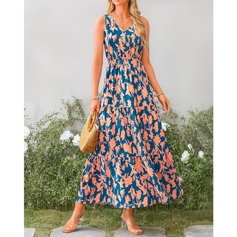 Популярное женское повседневное платье без рукавов с V-образным вырезом и эластичной талией с принтом 2025 года