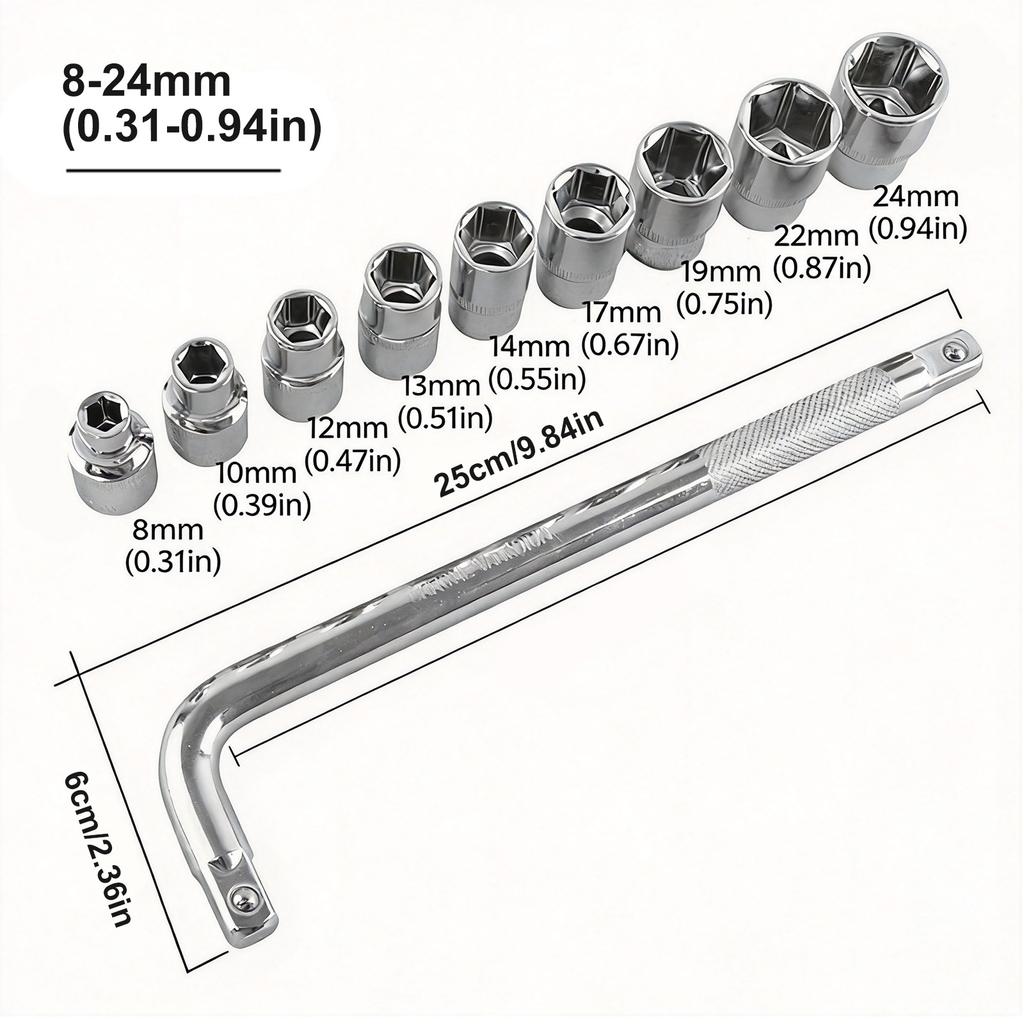 10Pcs 6-Point Car Wheel Lug Nut Removal Sockets Tool 1/2 Inch Drive with 8-24mm Sizes & L-Type Handle for Most Cars Repair