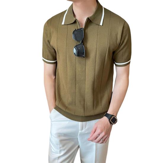 Мужская летняя рубашка, тонкая трикотажная, с коротким рукавом, на молнии, с лацканами, эластичный подол, полосатая, однотонная, свободная рубашка для поездок на работу и путешествий на открытом воздухе