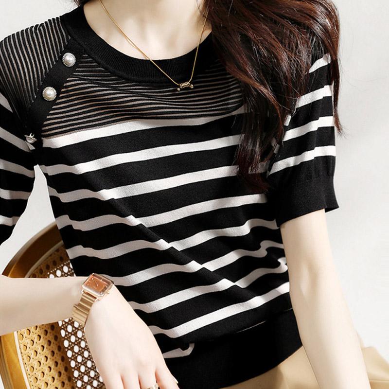 Женские свитера, пуловеры, 2025, лето, короткий рукав, полосатый, с круглым вырезом, белый, черный, вязаный свитер, женские топы, пуловер JJ275