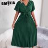 Женская мода, лето-весна, однотонное платье с коротким рукавом и v-образным вырезом, свободные подтяжки, высокая талия, коктейльные и вечерние платья