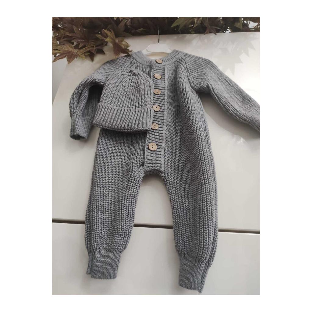 Buttoned Beige Thessaloniki Knitted Knitted Baby Jumpsuit With Hat