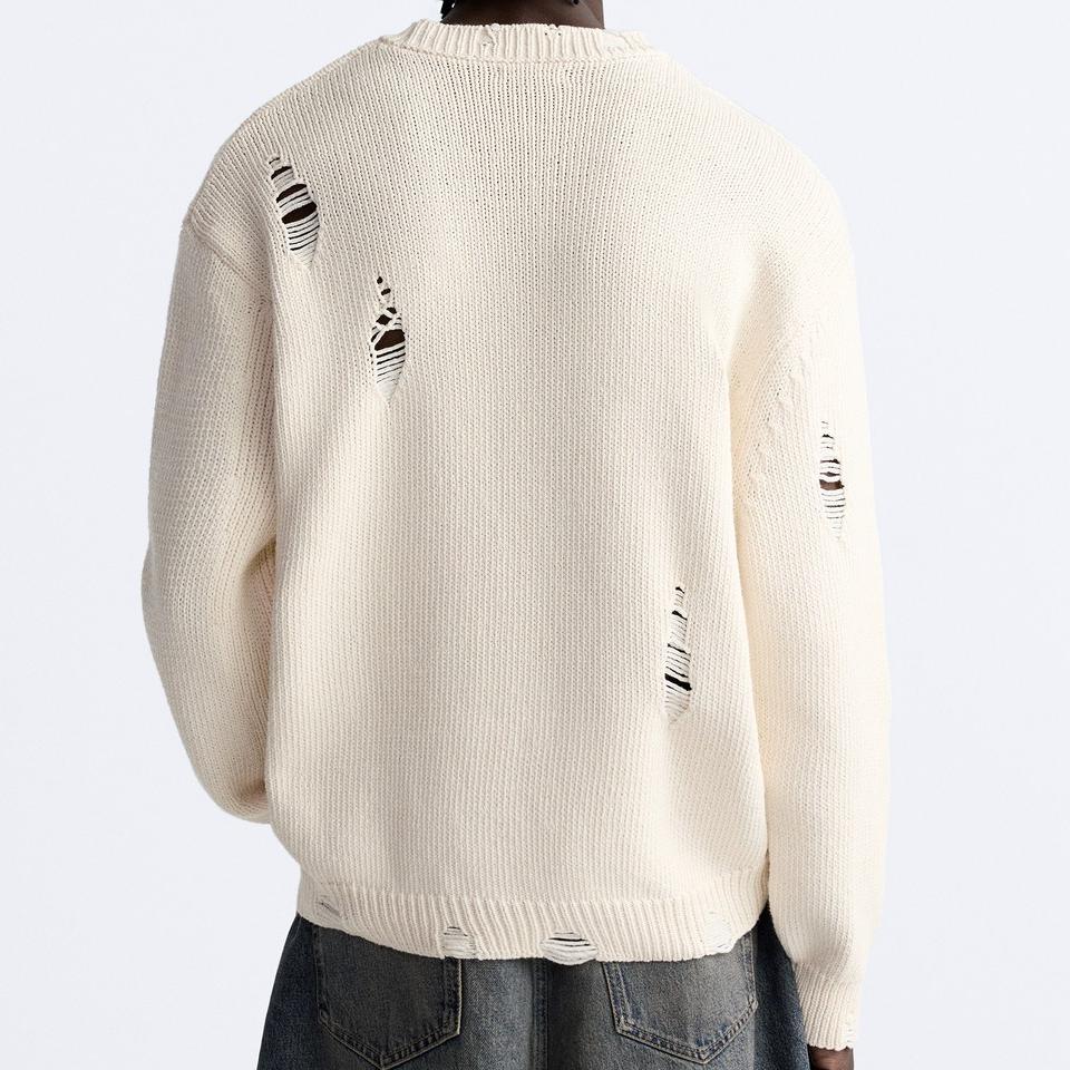 Zara Однотонный потертый круглый вырез с длинным рукавом вязаный свитер мужской свитер белый 3166401-712