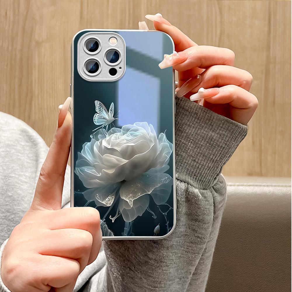 Чехол для телефона с цветком белого пиона, металлический лак из закаленного стекла, противоударный чехол для Huawei Honor iPhone OPPO Realme OnePlus Xiaomi Redmi Samsung Vivo