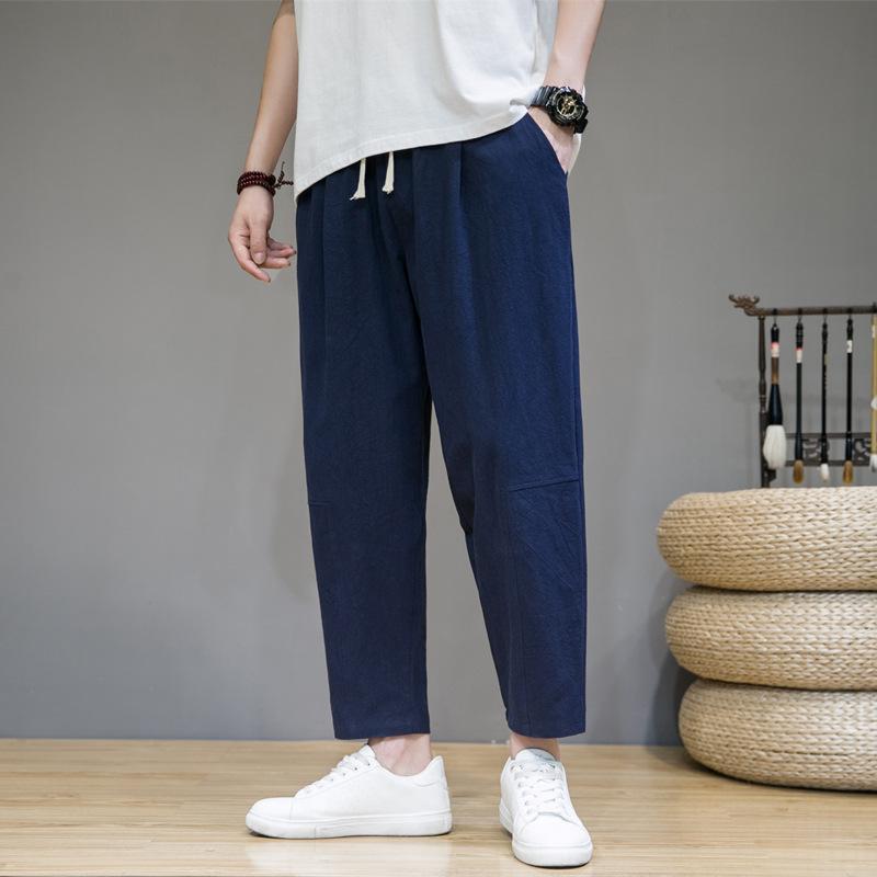 Весенние мужские однотонные свободные брюки из хлопка и льна в китайском стиле с девятью точками, модные повседневные спортивные брюки