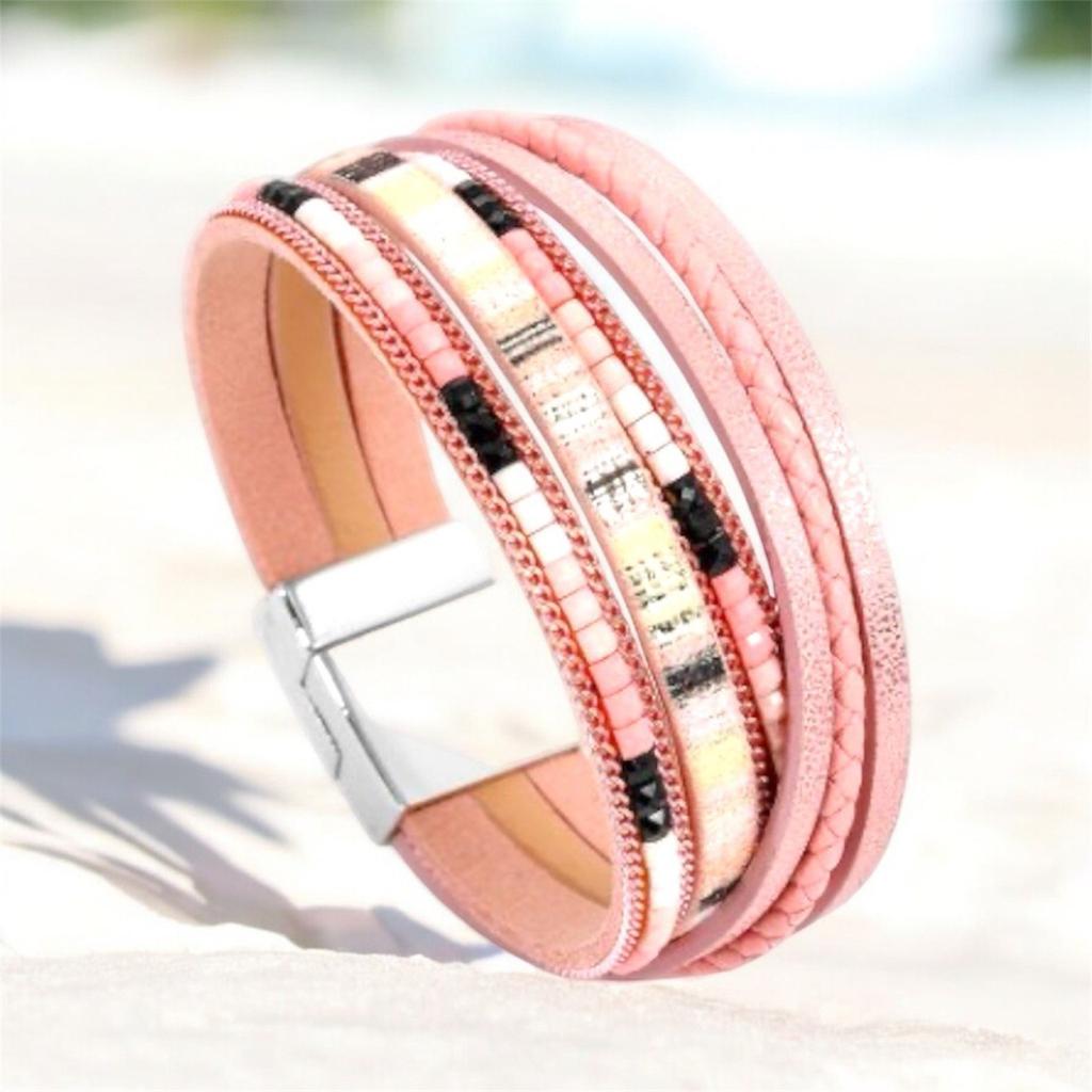 Women' ethnic leather bracelet with blue straps