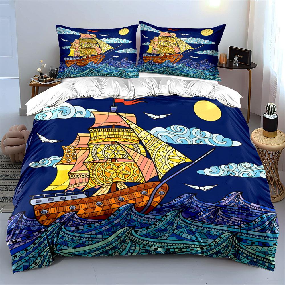 Colorful Sailboat Art Set Decor Bedding Set with 1 Duvet Cover 2 Pillowcases Single Double King Queen, Gift