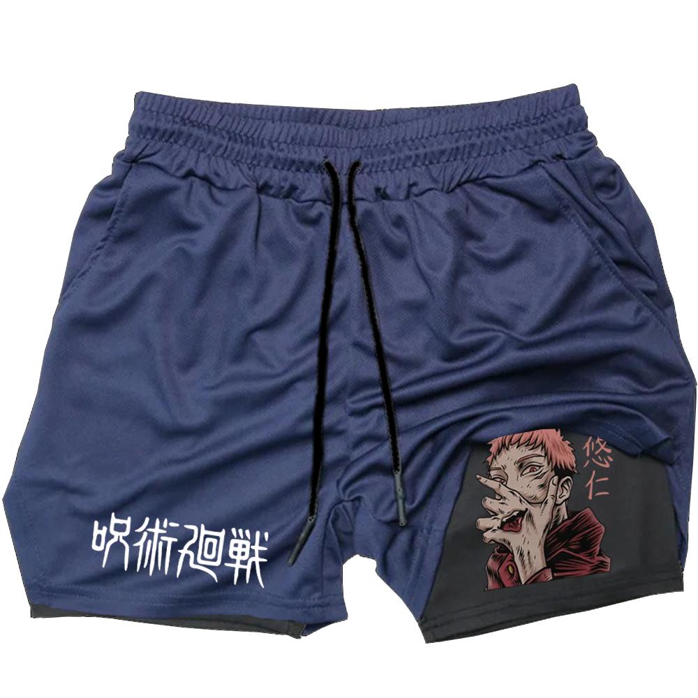 Компрессионные шорты в стиле аниме, летняя спортивная одежда, мужские спортивные шорты для тренажерного зала 2 в 1, мужские шорты для фитнеса и фитнеса
