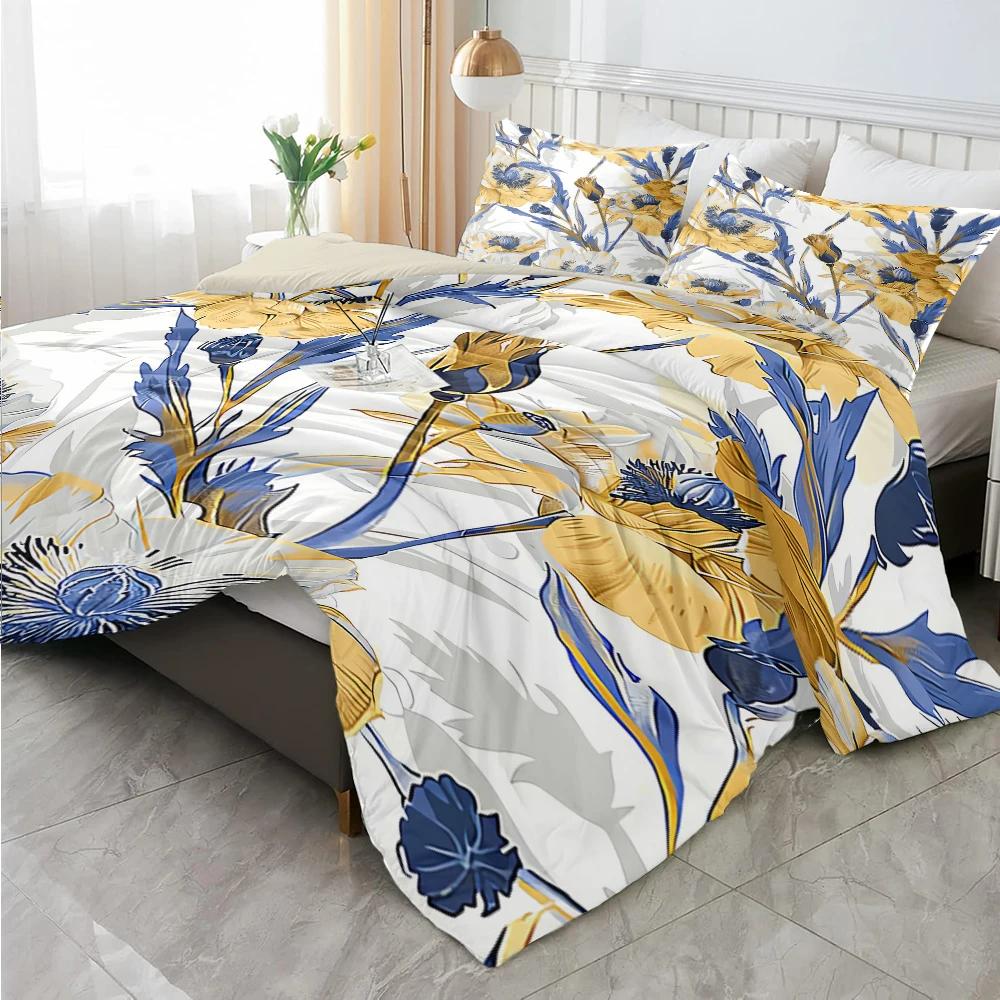 3pcs Blue and Yellow Floral Decoration Printed Quilt Set- Includes 1 Quilt Cover and 2 Pillow Cover (without Filler)