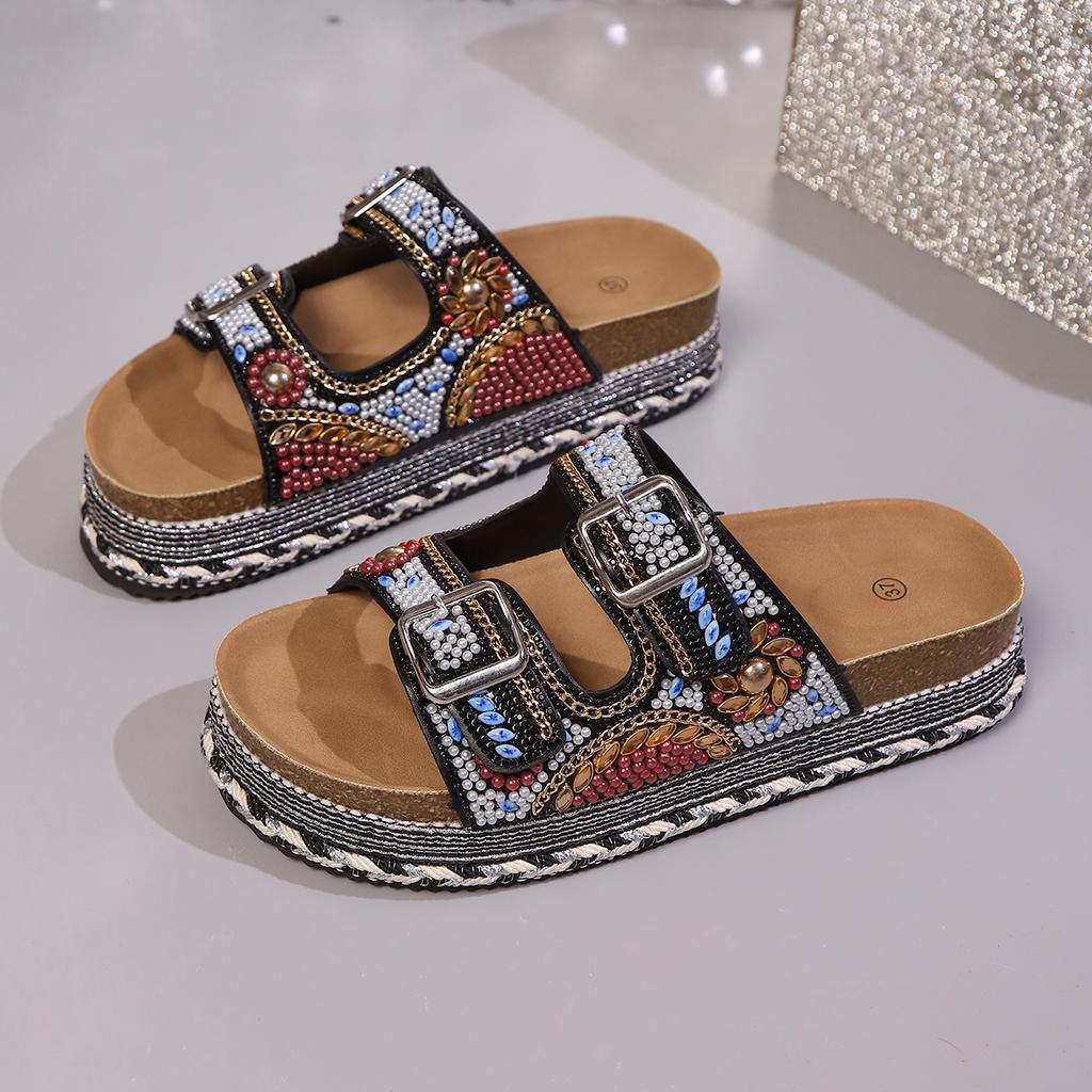 Fashion Rhinestone Platform Cool Mopping Women's Fashion Round Toe Open Toe Metal Buckle Anti-slip Wear-resistant Flats