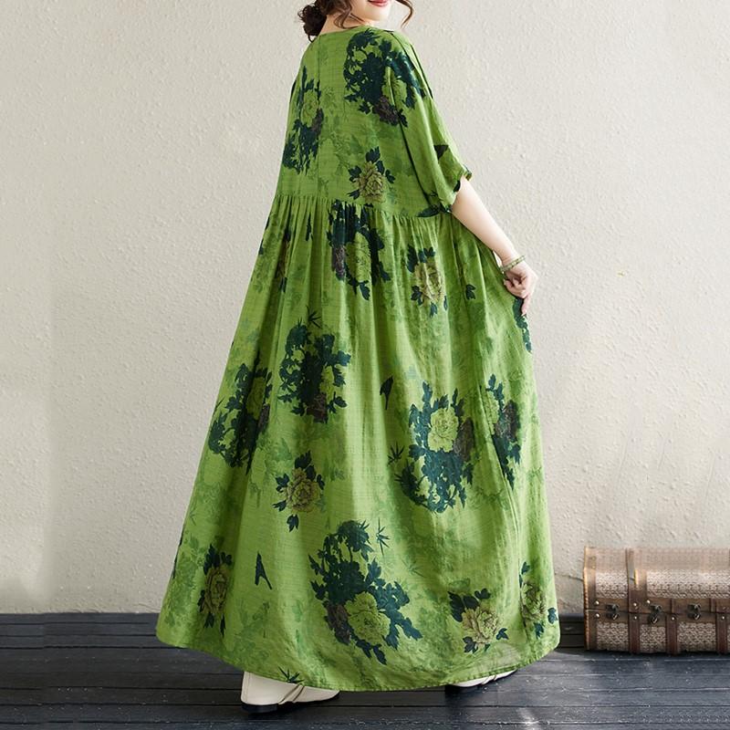 Новое хлопковое платье больших размеров с коротким рукавом и цветочным принтом для женщин, повседневное свободное длинное летнее платье