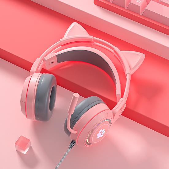 SY-G25 Wired Headphone RGB Lighting Omni-directional Mic Over-Ear Computer Headphone with Cute Cat Ear for E-sport