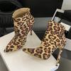 Punk Leopard Print Pointed Toe Ankle Boots Women Zipper Shoes Sexy Thin Heels Stripper Short Booties  Mujer