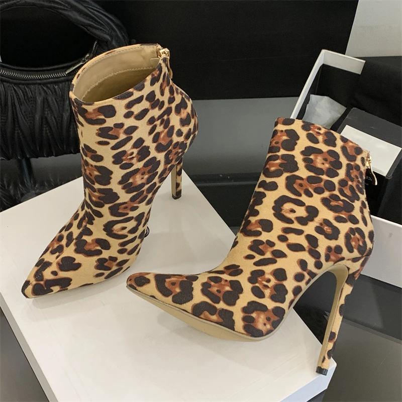 Punk Leopard Print Pointed Toe Ankle Boots Women Zipper Shoes Sexy Thin Heels Stripper Short Booties  Mujer