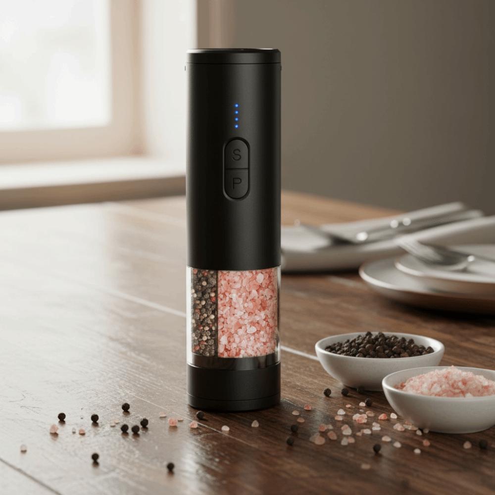 Dual Chamber Electric Pepper Salt Grinder Adjustable Burr Kitchen Spice Grinding Bottle Cooking