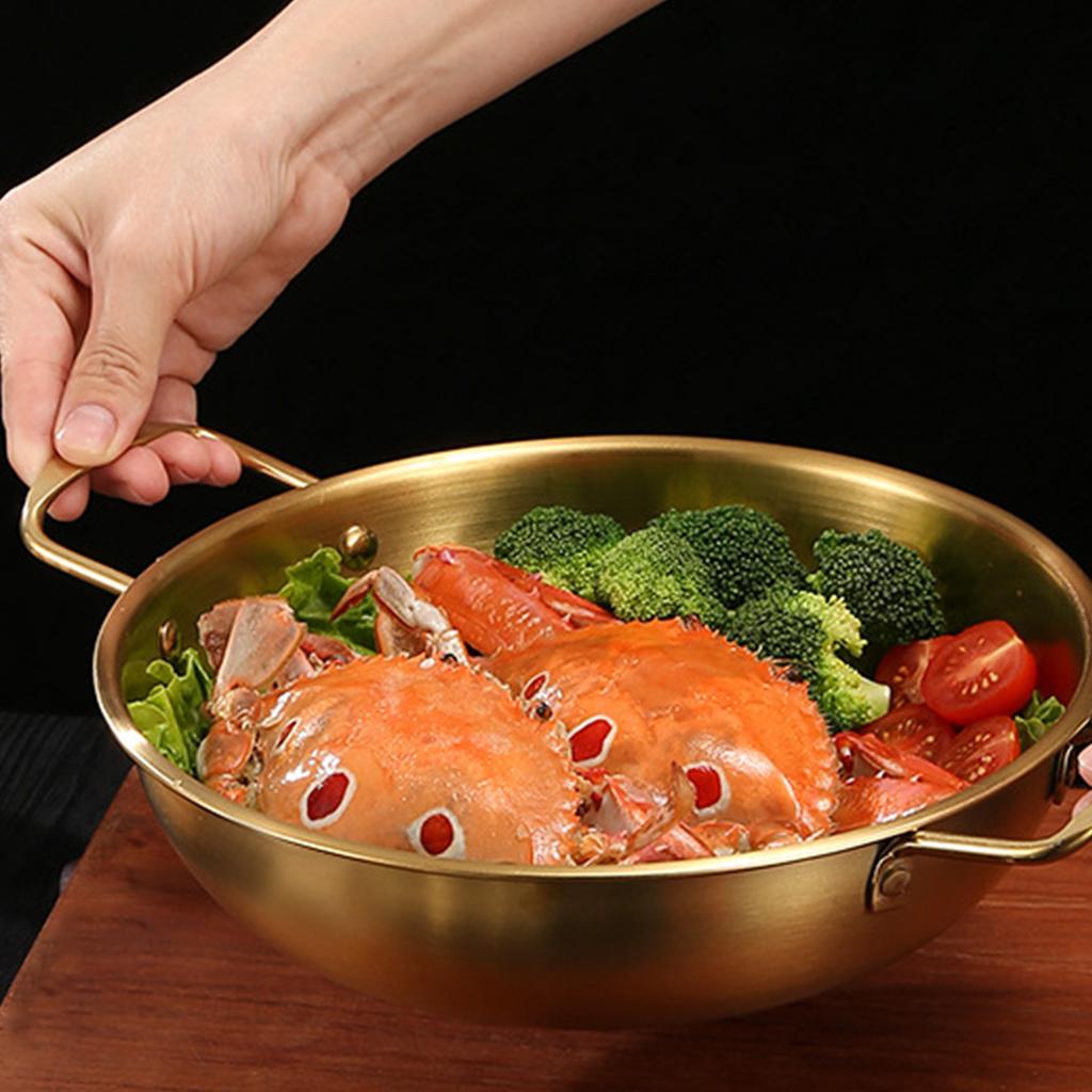 Кастрюля из нержавеющей стали для приготовления лапши быстрого приготовления, маленькая кастрюля для тушения на одну персону, сухая кастрюля с плоским дном и двумя золотыми ушками, бытовая газовая кастрюля для супа из морепродуктов