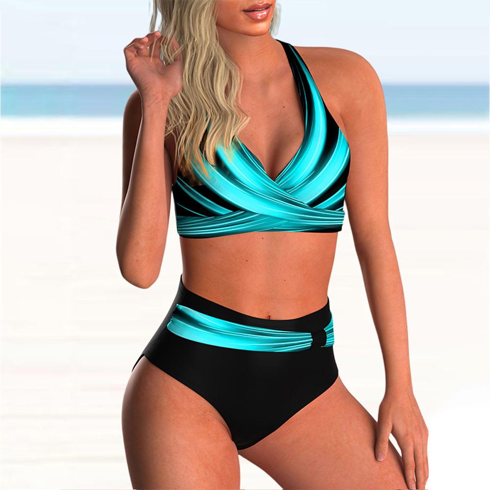 Женщины Плюс Размер Купальник Высокая Талия Бикини Купальники Женский Из Двух Частей Пляжная Одежда Печатных Бикини Набор Купальный Костюм