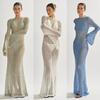 European & American Women's Summer Knitted Backless Long-Sleeve See-Through Floor-Length Dress