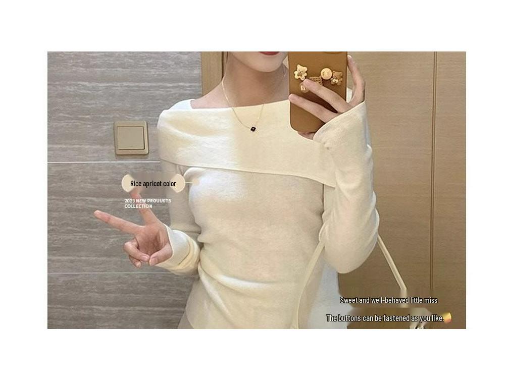 French Style Off-Shoulder Knitted Long-Sleeve Top for Women - Spring/Autumn 2025 Slim-Fit Sweater