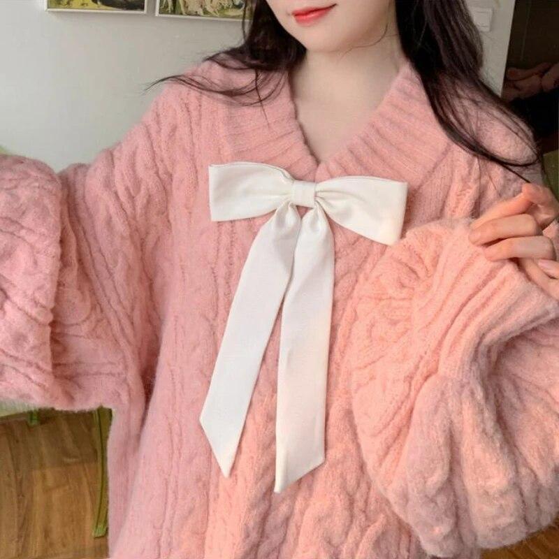 Lazy Style Solid Color Women Sweater Bow Design V-neck Ladies Knitwear Autumn Winter 2025 New Loose Long Sleeve Pullover