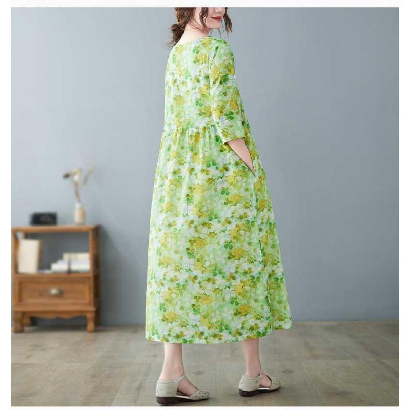 Летние новые литературные женские платья большого размера с круглым вырезом и рукавом пять минут, уменьшающие возраст