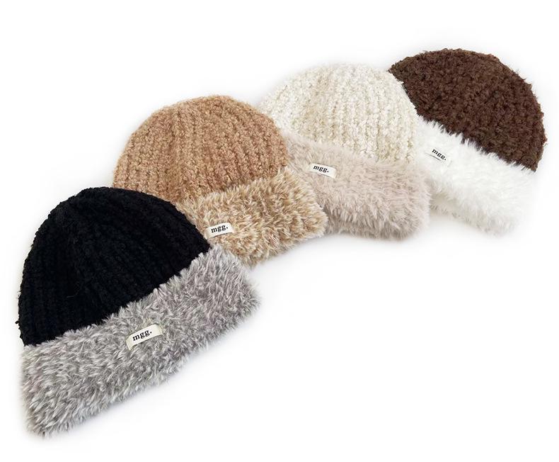 Cat Brother Korean Style Knit Hat: Color Block Plush, Warm Wool, Women's Large Head Circumference