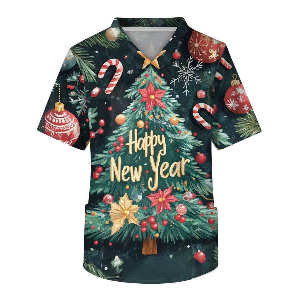 Мужской топ с коротким рукавом, V-образным вырезом, рождественским принтом и нагрудным карманом