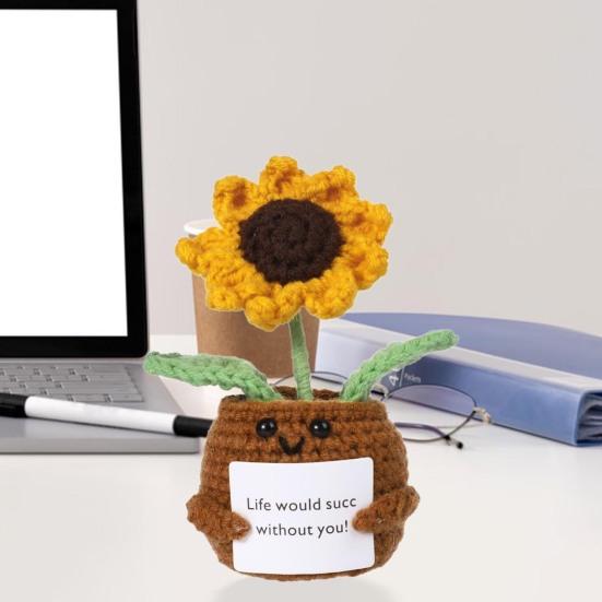 Вязаная крючком кукла подсолнуха, игрушка ручной работы для эмоциональной поддержки с ободряющей карточкой, вязаное украшение для горшка с растением подсолнечника, забавная кукла позитивной жизни