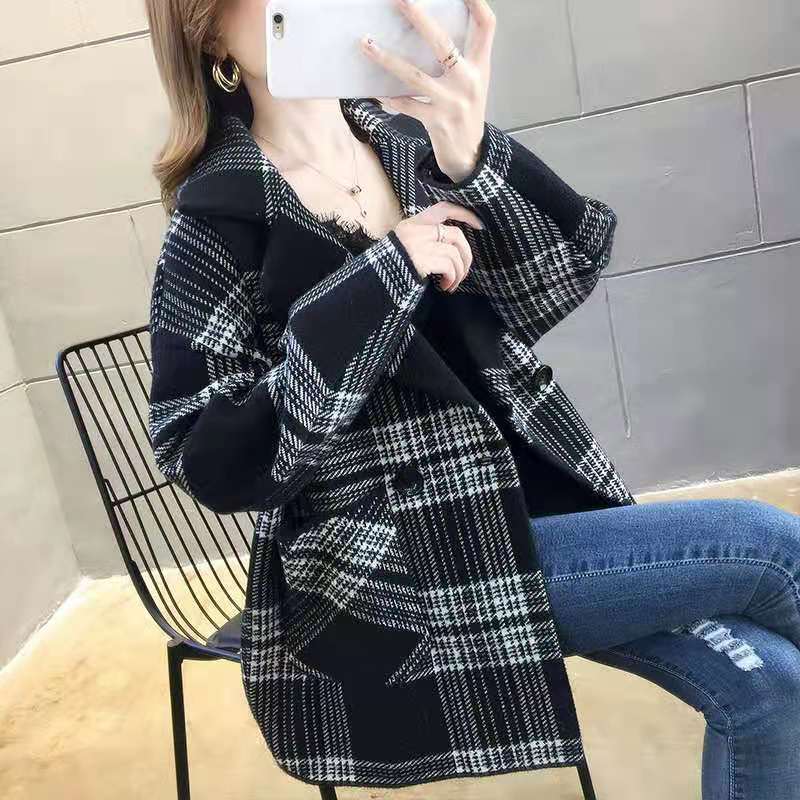Шерстяная куртка женская осенне-зимняя корейская версия клетчатый костюмный воротник британский стиль ретро двухстороннее шерстяное пальто кардиган прилив