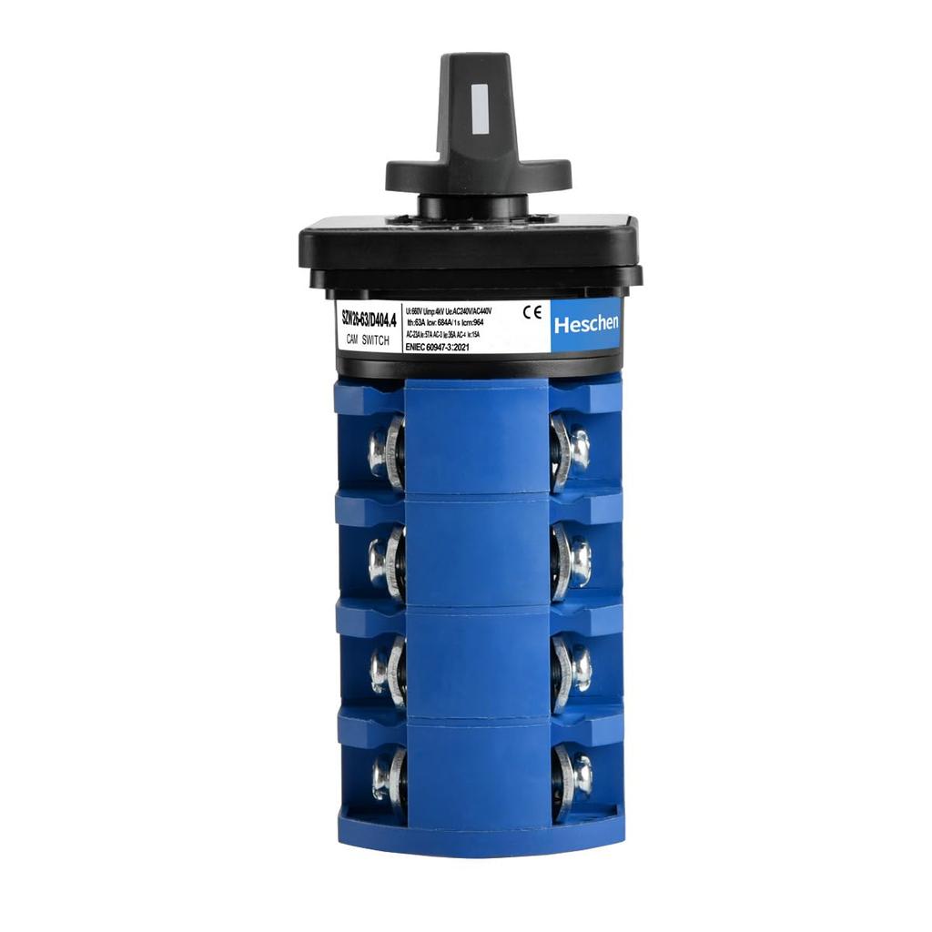 Heschen Universal Rotary Cam Selector Changeover 660V 3 Position 4 Phase 16 CE Switch, SZW26-63/D404.4, 63A, ON-OFF-ON, 4NO+4NC Terminals,