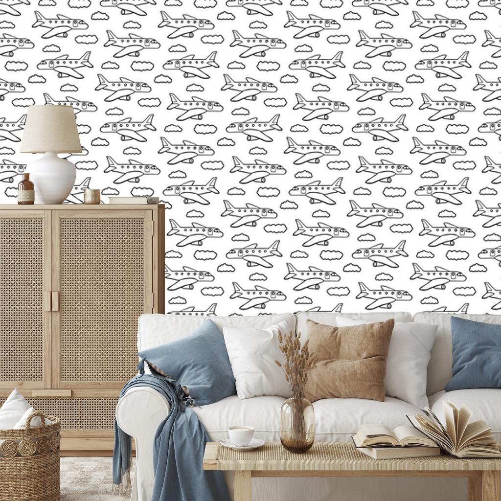 Wallpaper Black and white airplanes with clouds for living room and bedroom 50x1000