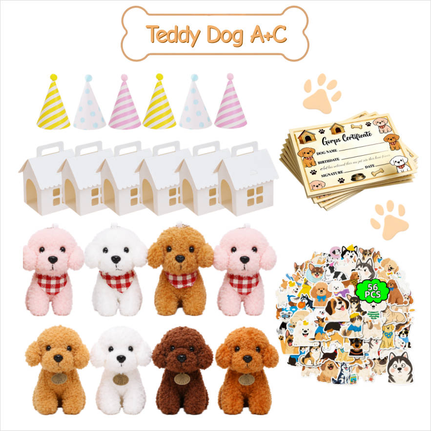 8-24Set Teddy Dogs DIY Adopt A Puppy Party Favors Mini Plush Puppy Stuffed Dogs with House and Stickers for Birthday Party Gifts