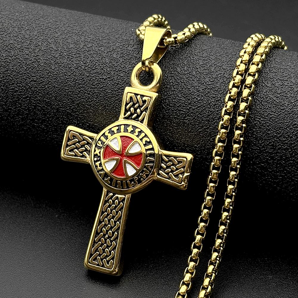 Red Enamel Knights Templar Cross Shield Pendant Necklace Stainless Steel Celtic Knot Latin Inscription Chains Amulet Jewelry