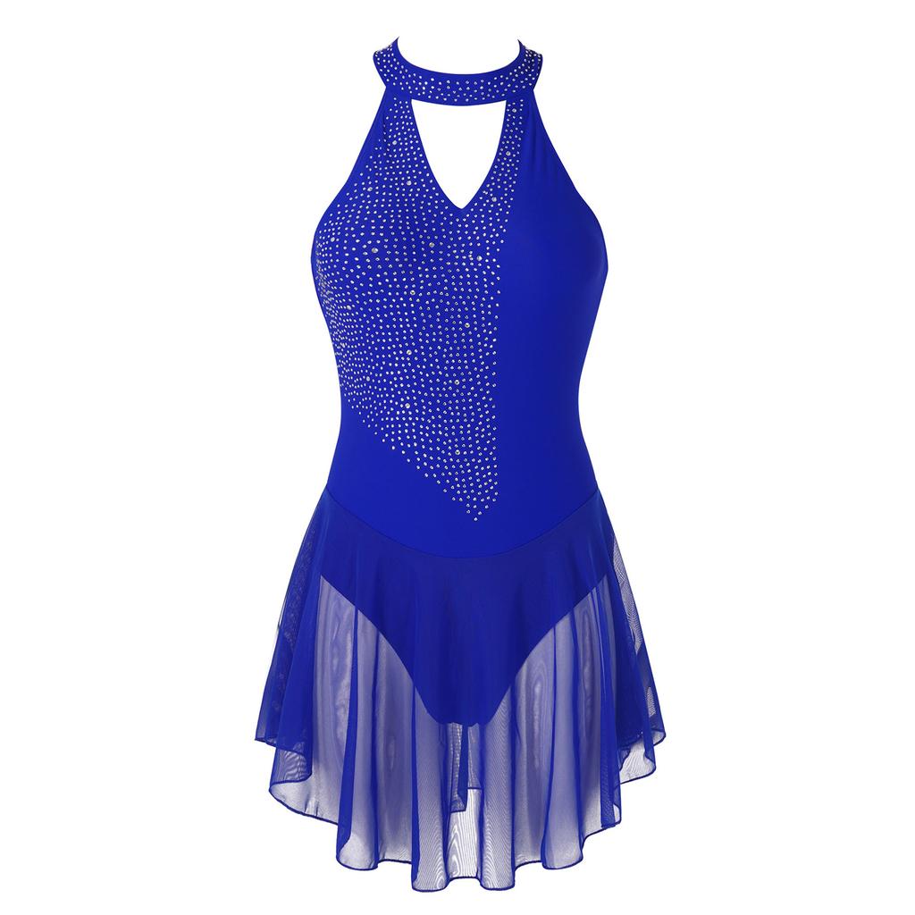 Женское танцевальное платье с V-образным вырезом и открытой спиной для девочек, трико с юбкой для фигурного катания, гимнастические платья