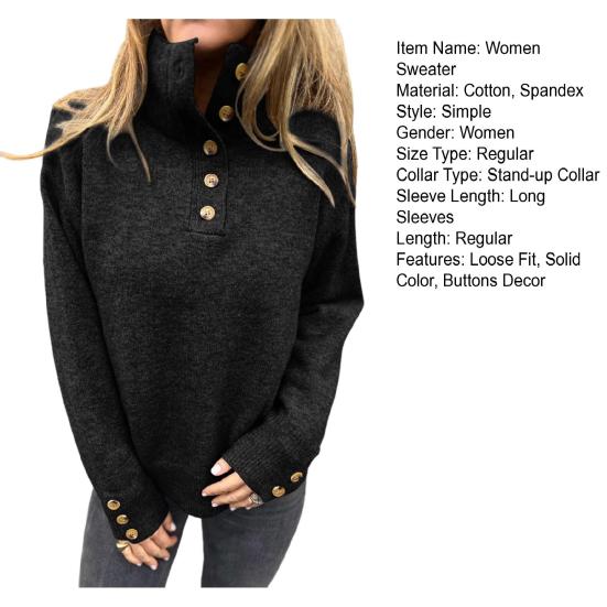 Women Pullover Sweater Stand Collar Buttons Half Placket Long Sleeve Knitting Tops Solid Color Loose Fit Casual Sweater