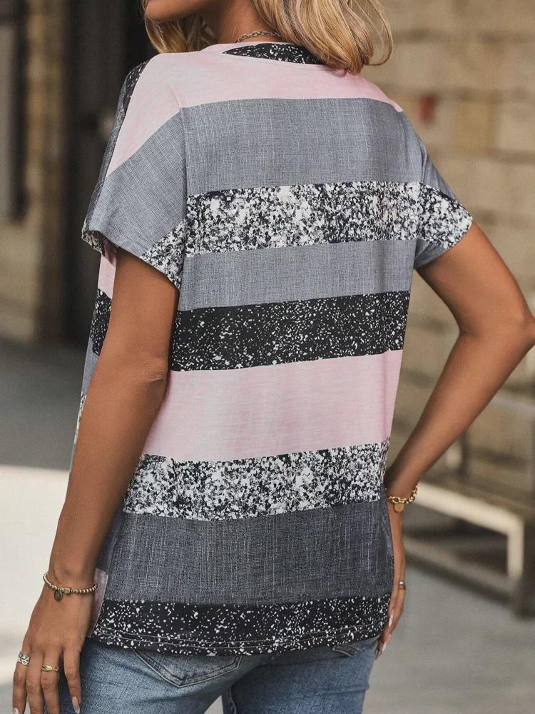 Women's Summer Striped V-Neck 3D Print Casual Short-Sleeve T-Shirt