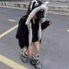 Womens Black Thick Padded Hooded Cotton Coat With Faux Fur Trim Winter Warm Loose Fit Short Parka Cold Weather