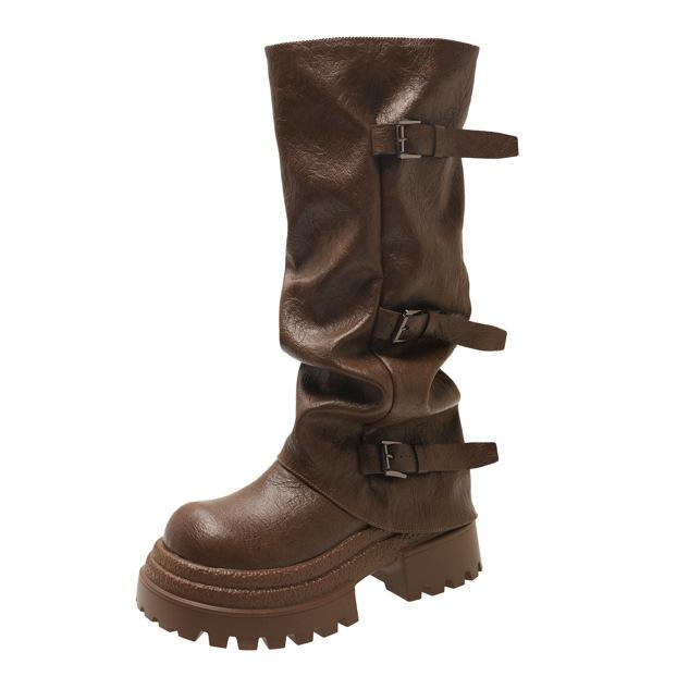 Yueyu Belt Buckle Pleated Thick-soled Medium Boots Women's 2025 Autumn and Winter New Trousers Western Boots Ins Tide Boots