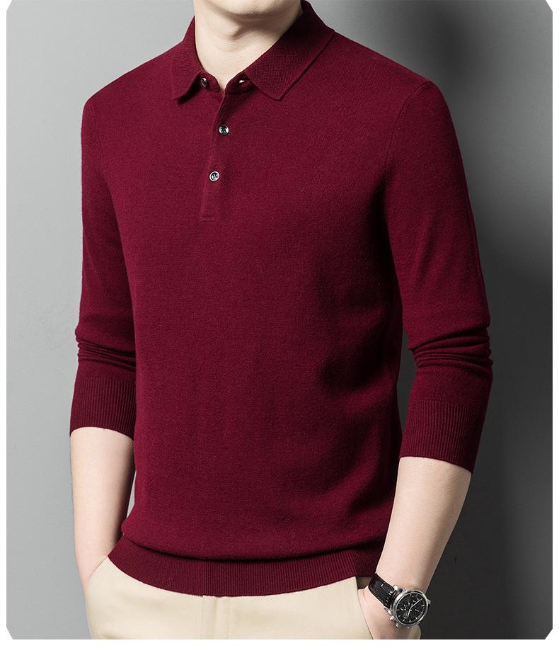 Men's Pure Wool Lapel Sweater: New Style Solid Color Casual Knit Pullover