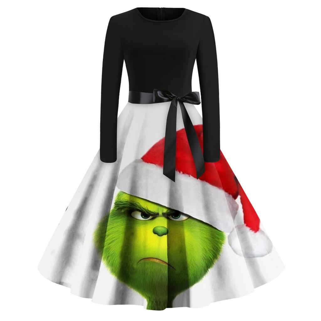 Женское модное повседневное платье с круглым вырезом и рождественским принтом и длинными рукавами