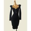Classy French Sweet Silm Sexy Peach Collar Dress Foreign Trade Original Order Autumn Black Long Sleeves Bodycon Dress