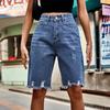 2023 Summer Women Denim Shorts High Waist Ripped Jeans Shorts Street Denim Perforated Fashion Fur Fringe Five-Point Shorts