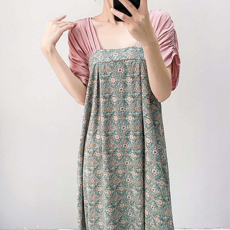 Women's nightgown thin short-sleeved printing light luxury simple breathable casual loungewear long skirt can be worn outside