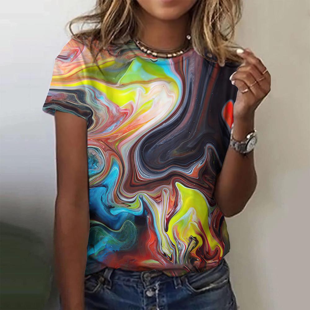 Летние цветные футболки с принтом Tie Dye 3D, женская уличная одежда, повседневная мода Y2k, футболка с коротким рукавом, футболки с круглым вырезом, топы, одежда