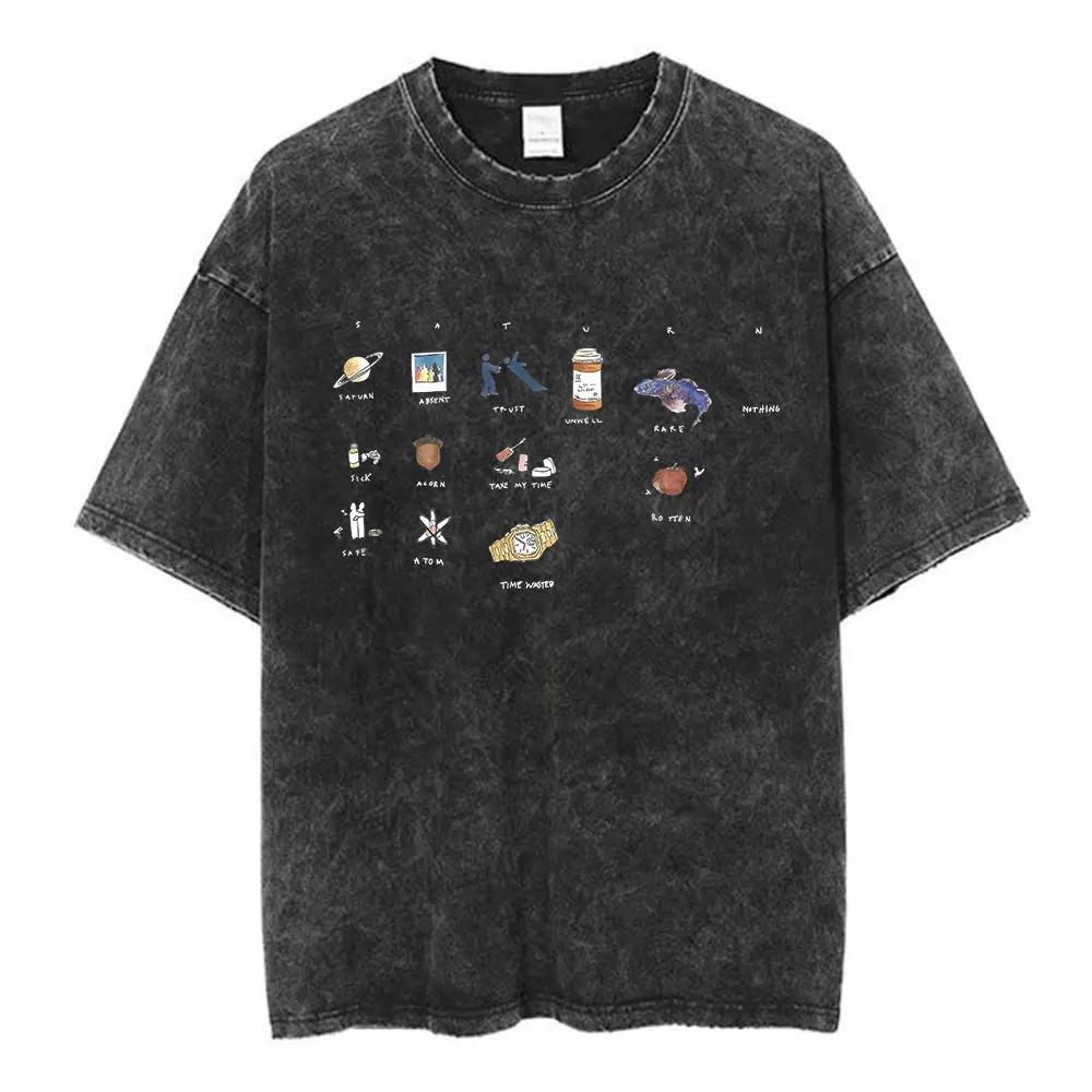 SZA Music Saturn Vintage Washed T Shirt Unisex Fashion Harajuku T-shirt Cotton Casual Loose Short Sleeve T Shirts Top Streetwear